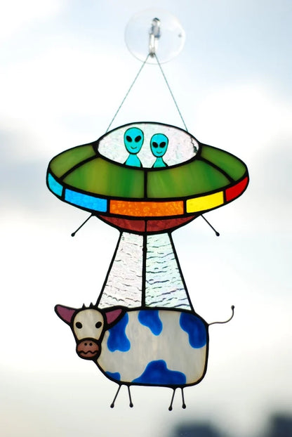 UFO Abduction a Cow Stained Glass Suncatcher