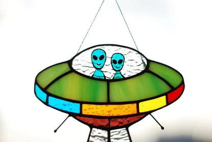 UFO Abduction a Cow Stained Glass Suncatcher