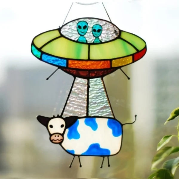 UFO Abduction a Cow Stained Glass Suncatcher