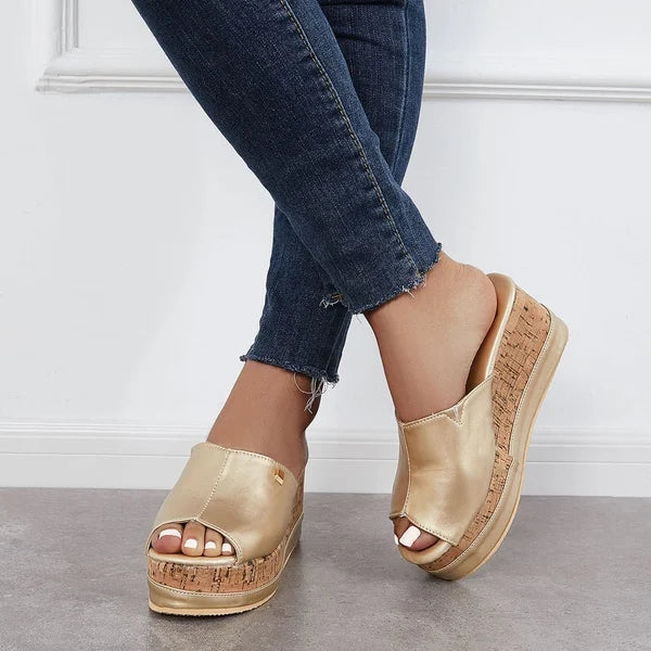 Comfortable Cork Footbed Slip-on Sandals Platform Wedge Sandals