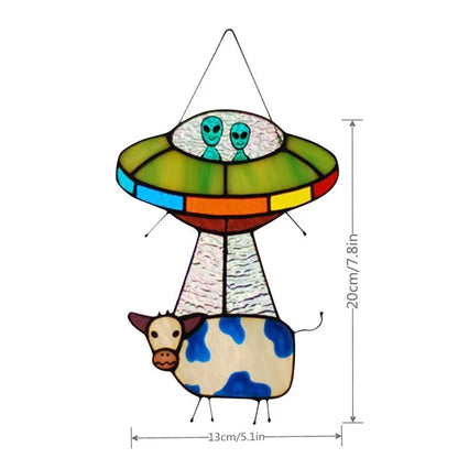 UFO Abduction a Cow Stained Glass Suncatcher