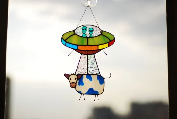 UFO Abduction a Cow Stained Glass Suncatcher